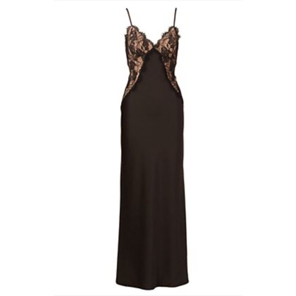 NWT Adrianna Papell Black Stretch Satin Lace Maxi Slip Gown Dress US 12 - Picture 6 of 12